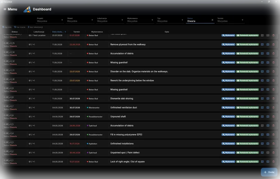 Widok listy usterek (dashboard)